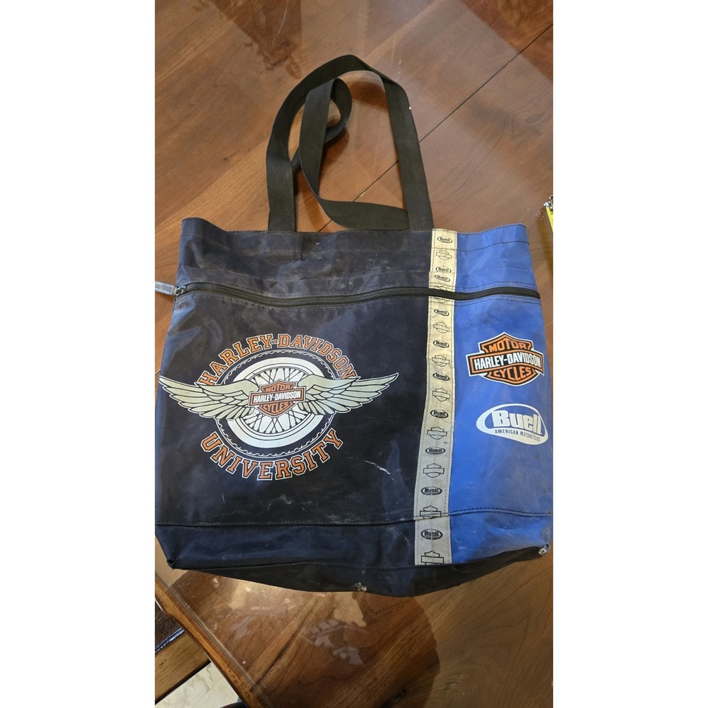 Harley Davidson University Buell Motorcycle Large Tote Bag Blue Black Vintage